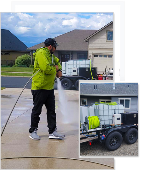 Image of Jacob Rice, owner of Bullseye Wash Systems, using professional pressure washing equipment in North Idaho to deliver exceptional cleaning results.