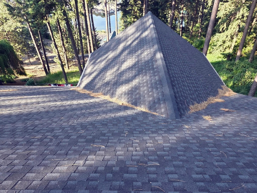 Roof soft wash for pine needle and debris removal from architectural shingles at a residential property in Sandpoint, ID, by Bullseye Wash Systems.